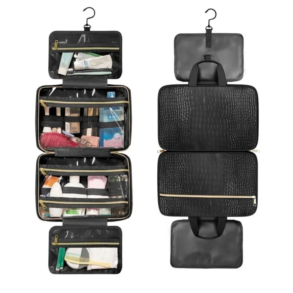 Leather Hanging Toiletry Bag for Men Women Spacious Toiletry Travel Bag Black